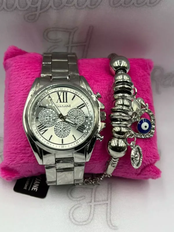 Kit Relógio Feminino Luxo Prata Sortido A prova d'água + Pulseira - Prateado
