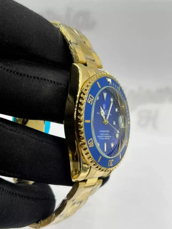 Relógio Masculino Rolex Submariner Linha Gold 100% Funcional A Prova D'água - Dourado com Azul - Imagem 3